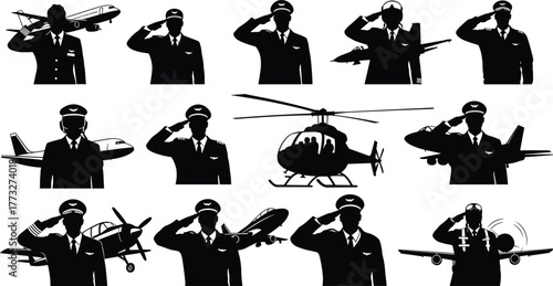Pilot saluting illustration, aviation professionals, aircraft background, commercial airplane, fighter jet, helicopter, propeller plane, aviation tribute, black silhouette