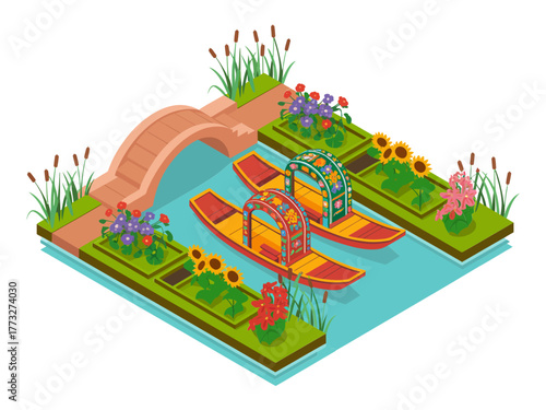 Isometric park waterway, arched bridge over stream, flower beds, decorative pavilion platforms, family leisure landscape vector