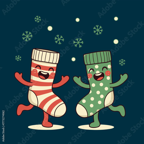 Festive Christmas socks dancing joyfully in the winter snowfall tonight