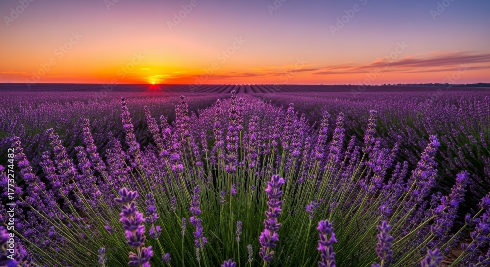 Fototapeta premium Beautiful lavender field under a golden sunset sky, perfect for relaxation or floral backgrounds.