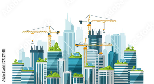 Sustainable city skyline with modern buildings, solar panels and green roofs under construction representing eco friendly urban development and architecture