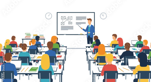 Engaging classroom learning environment with teacher presenting to students, perfect for educational materials, training programs, and academic resources