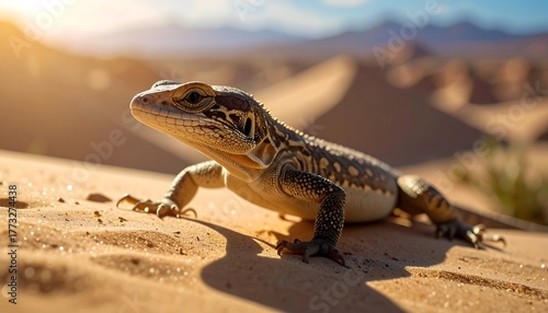 Fototapeta Naklejka Na Ścianę i Meble -  A lizard on a sand dune under the warm desert sun