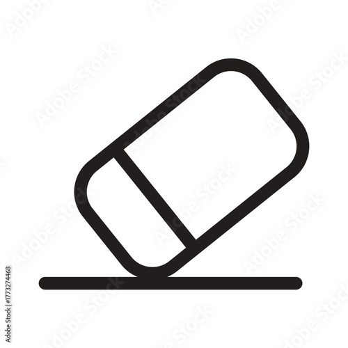 Simple black outline icon of a rubber eraser tilted on a surface, shown in the act of erasing a line.