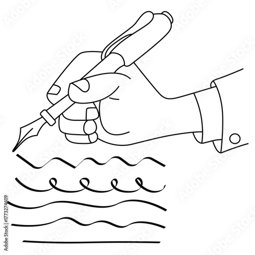 A hand delicately holding a fountain pen writing wavy lines