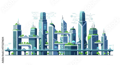 Modern futuristic city skyline with green architecture and driverless cars creates a vibrant urban landscape for forward-thinking design and infrastructure concepts