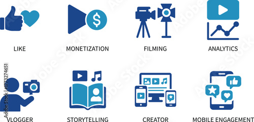 Flat vector icon set featuring podcast, microphone, recording, and storytelling themes. Perfect for social media, audio platforms, content creation, and communication projects.