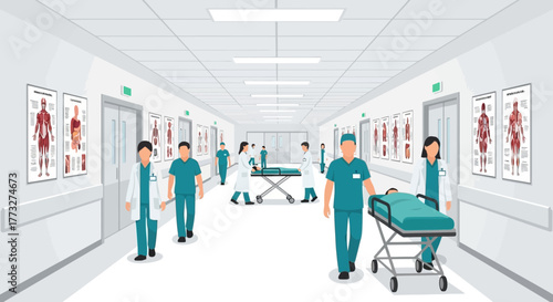 Dedicated medical staff urgently transporting a patient in hospital hallway, showing teamwork, efficiency, and commitment to healthcare in a modern setting