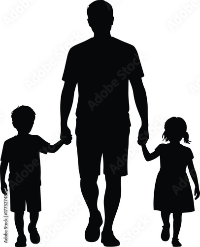Black and white silhouette illustration of father walking with son and daughter holding hands, family bonding and love concept