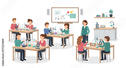 Engaging science class illustration featuring students conducting experiments with microscopes and beakers in a bright and modern laboratory setting