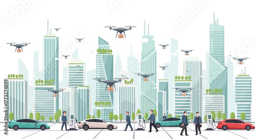 Futuristic city with electric car charging stations and package delivery by drones offering smart, eco-friendly urban living for future generations