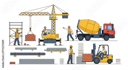 Construction crew working diligently at building site with heavy machinery, cement truck, crane, forklift and scaffolding in a dynamic illustration