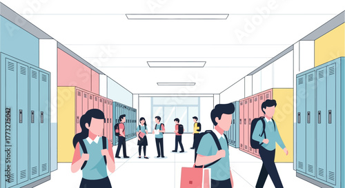 Teenagers walking down school hallway with lockers, perfect for back to school campaigns and educational materials about high school life and peer groups