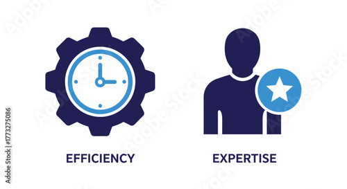 Vector illustration of icons depicting efficiency with a clock inside a gear and expertise with a person icon and star