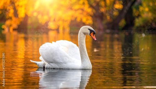 Fototapeta Naklejka Na Ścianę i Meble -  A swan floating on a lake in autumn. Sunlight shines on the water and trees