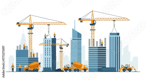 Dynamic cityscape under construction with cranes and workers, perfect for illustrating urban growth, engineering projects, and modern architecture concepts.