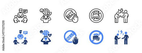 Counseling, Mental health, Bullying, Violence prevention, Conflict resolution with two styles, line and duotone icon.