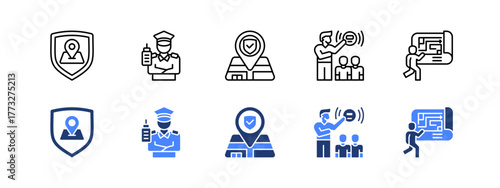 Safety, Security, Safe zone, Emergency, Evacuation plan with two styles, line and duotone icon.