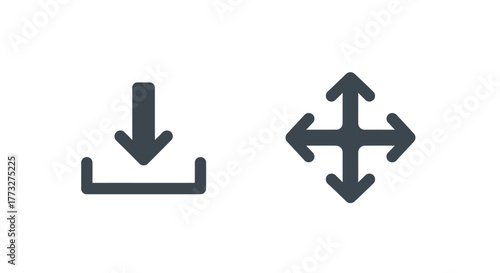 Vector illustration of download and move icon set in dark gray, the icons represent downloading and moving in four directions