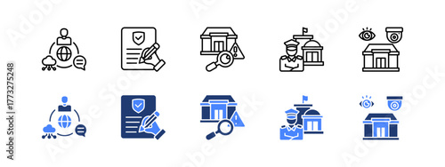 Communication system, Training, Risk assessment, Building security, Surveillance with two styles, line and duotone icon.