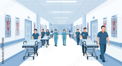Dedicated medical staff urgently moving patients through hospital corridor, embodying healthcare professionals and patient care in a modern setting