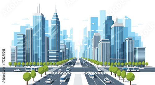 Modern city skyline with vibrant blue skyscrapers and busy streets, perfect for urban planning, real estate development, and city infrastructure projects