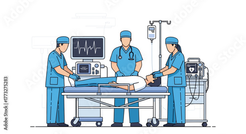 Critical care team providing emergency treatment to patient in hospital room, modern medical equipment monitoring vital signs during urgent procedure