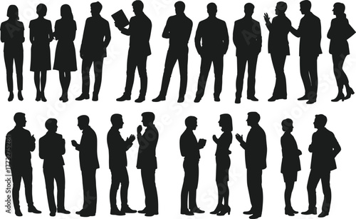 Black and white silhouettes of business people communicating and networking, teamwork and professional collaboration concept illustration