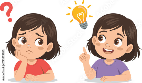 Set of Little Girl Thinking with Question Mark and Having Brilliant Idea with Light Bulb Vector Illustration