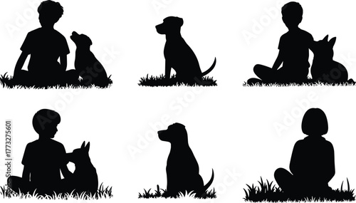 Black and white silhouettes of children sitting with dogs, friendship and love between kids and pets in nature illustration