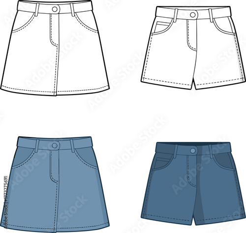 Women’s denim skirt shorts CAD, mini skirt and short pants technical flat, fashion vector template, summer casual bottom sketch