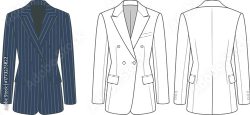 Women’s double breasted blazer CAD, pinstripe suit jacket technical flat, fashion design vector template, tailored formal coat sketch