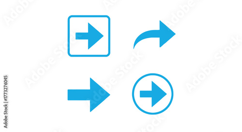 Vector illustration of set of four blue arrow icons pointing right, each with a unique design, represents direction, navigation, and forward movement options