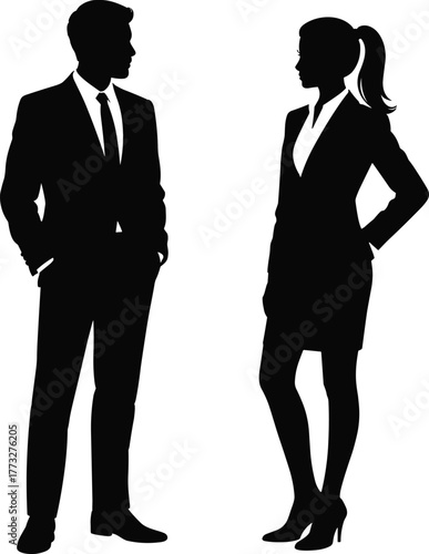 Business man and woman silhouettes communicating, teamwork and collaboration concept, professional discussion, corporate communication, office partnership and leadership illustration