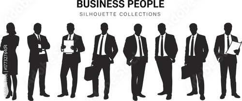 Business people silhouettes in formal attire, office professionals, teamwork, leadership, success, corporate concept, black and white vector illustration