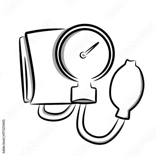 A simple sketch style line drawing illustration of a sphygmomanometer, a classic blood pressure measurement device. in sketch style with minimal shading, for medical, healthcare, clinic designs