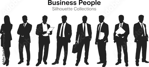 Business people silhouettes in formal attire, office professionals, teamwork, leadership, success, corporate concept, black and white vector illustration