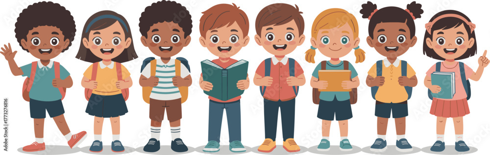 Fototapeta premium Line of Diverse Happy School Children with Backpacks and Books Ready for Class Vector Illustration