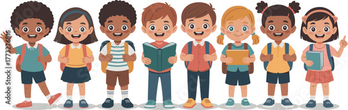 Line of Diverse Happy School Children with Backpacks and Books Ready for Class Vector Illustration