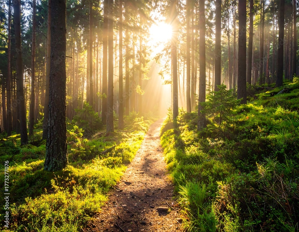 Obraz premium Sun beams through lush trees, illuminating a winding path