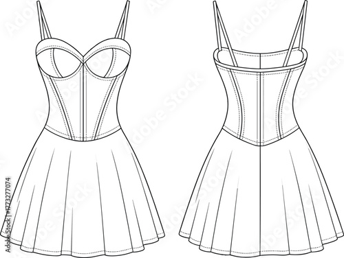 Women’s dress fashion template, CAD garment drawing, flat vector illustration, corset bodice design, sweetheart neckline sketch, flared skirt outline, clothing