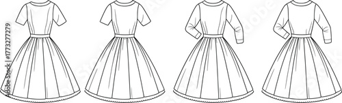 Women’s dress vector, long sleeve and short sleeve design, vintage midi dress sketch, fashion CAD template, flat technical illustration