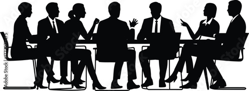Business team silhouettes in meeting, corporate discussion and brainstorming session, teamwork collaboration, professional communication, office leadership and management concept illustration