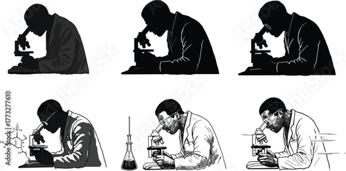 Microscope, scientist, silhouette, lab coat, research, laboratory, science, medical, biology, chemistry, education, healthcare, experiment, analysis, microscope user, lab scene, scientific study, 