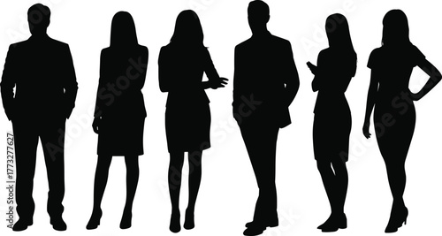 Business team silhouettes standing together, leadership and teamwork concept, corporate professionals, unity, management, success, collaboration illustration on white background