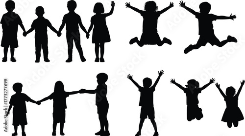 Children silhouettes, kids playing illustration, childhood friendship art, happy jump vector, teamwork concept, outdoor fun, family life, youth joy, creative education, innocence