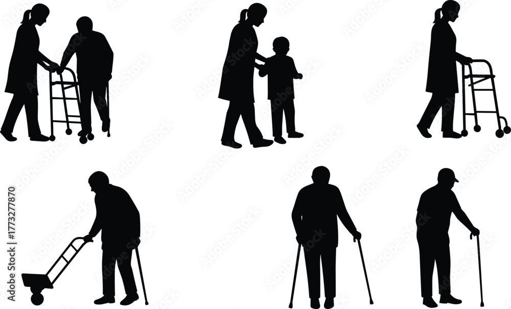 Obraz premium Elderly care, caregiver, walker, cane, silhouette, mobility aid, support, aging, healthcare, assistance, senior, disability, rehabilitation, family, intergenerational, medical, physical help, walking 