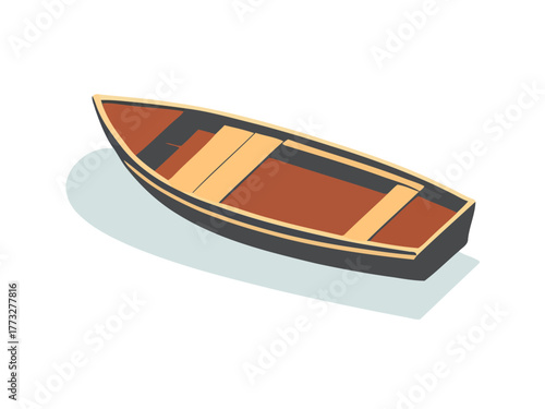 Wooden rowboat with seats and oars, simple fishing vessel, calm lake reflection shadow, nautical transport icon, vector