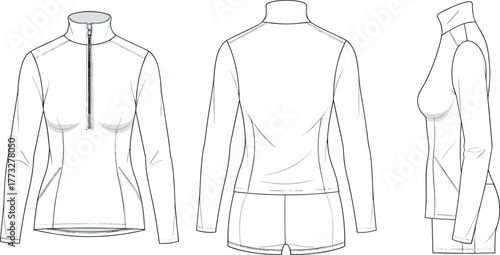 Women’s half zip pullover top flat sketch, long sleeve activewear technical drawing, front back side view vector template