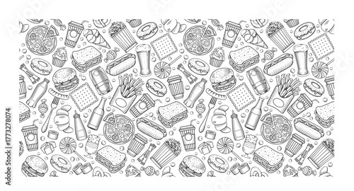 black and white junk food, fast food, food seamless pattern background 3